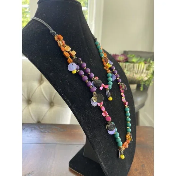 Vintage Double Strand Statement Necklace Boho Wood Bead Shells Jewels Multicolor - Picture 3 of 5